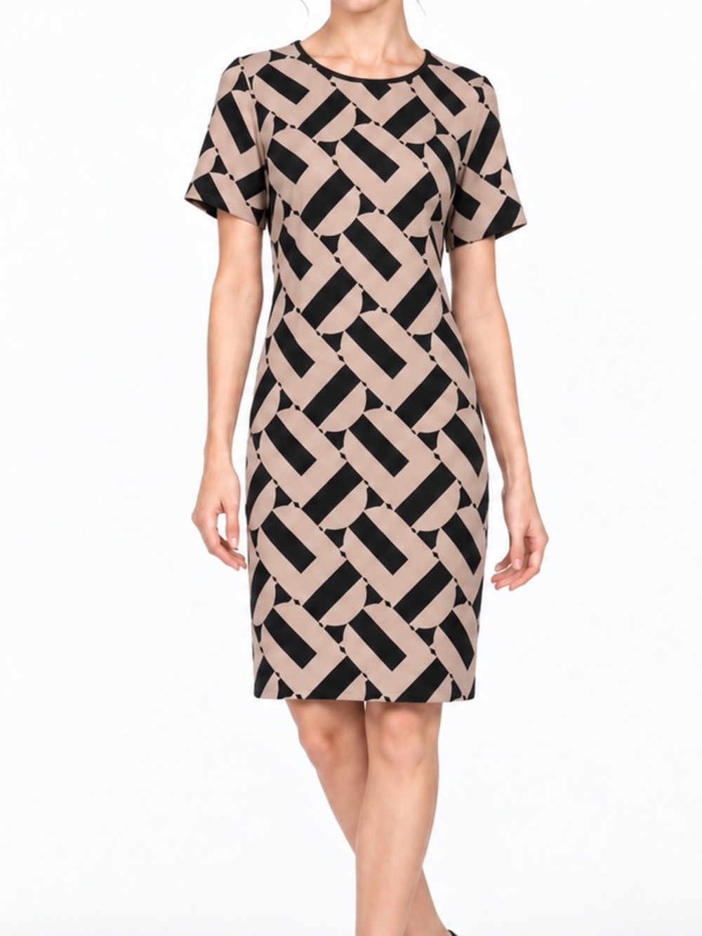 Trina Turk Zap Geometric Ponte Sheath Dress Black Taupe Small
